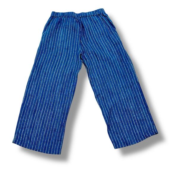 Eileen Fisher Size XS S Blue Stripe Italian Organic Linen Wide Leg Pull-on Pants - Picture 4 of 5